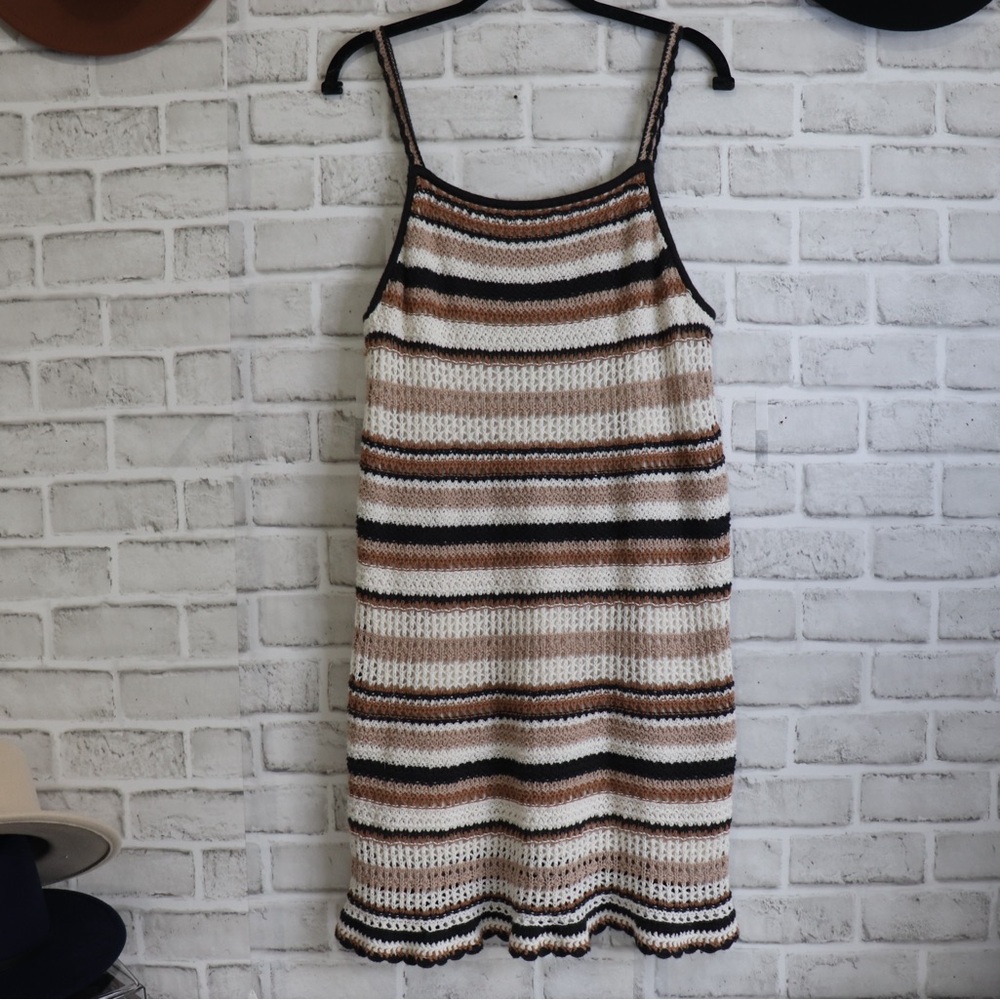Lined Striped Crochet Dress Brown, Cream and Beige Size M